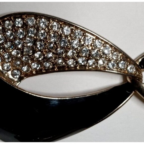 VINTAGE 1980s Gold Tone Black Enamel Dangle Drop Earrings Pierced Rhinestones - Picture 6 of 9